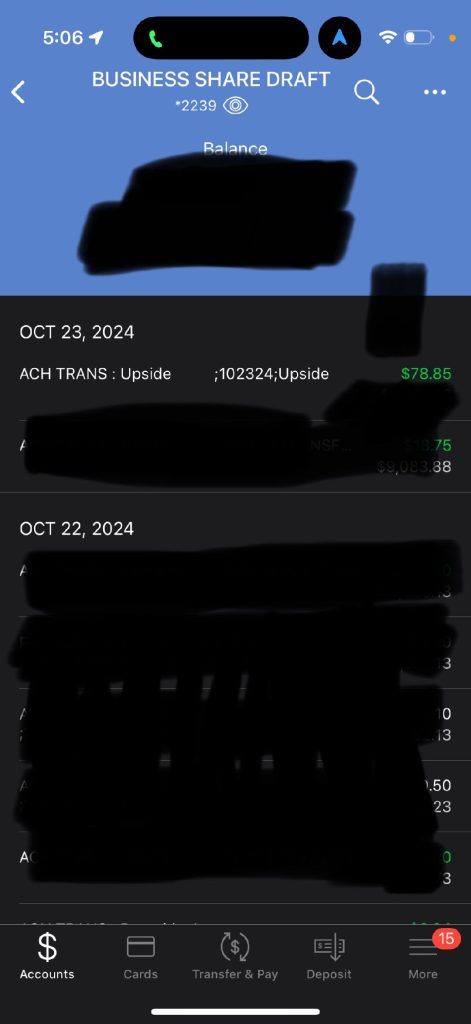 Bank transaction showing a $78.85 Upside deposit on October 23, 2024