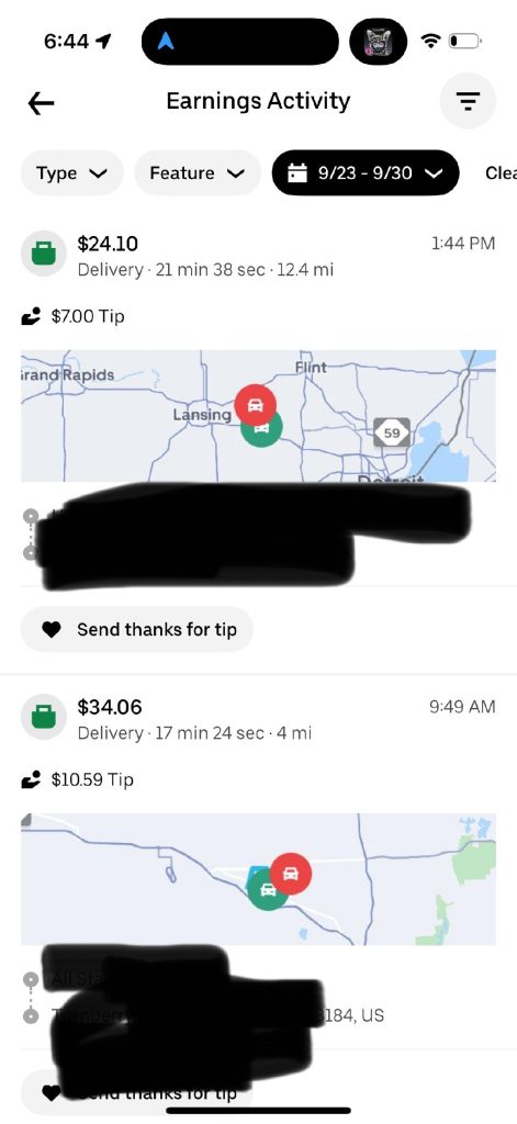 Uber Eats activity showing $24.10 for 12.4 miles and $34.06 for 4 miles, with separate tip lines